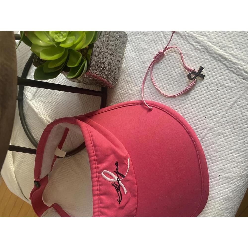 Pink Visor Hat with Pink Ribbon Charm Bracelet